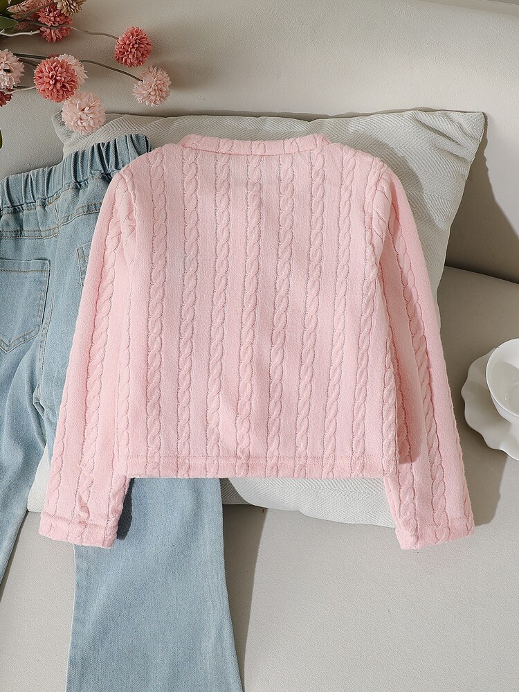 SHEIN Toddler Girls Polyester Round Neck Long Sleeve Embroidery Applique Button Front Regular Regular Fit Princess Clothing Birthday Party Back To School - Pink - View 2