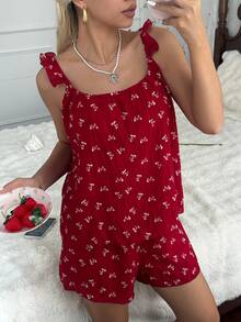 CottageSlumber Romantic Burgundy Bow Print Ruffle Trim Camisole & Shorts Pajama Set - Burgundy - View 5