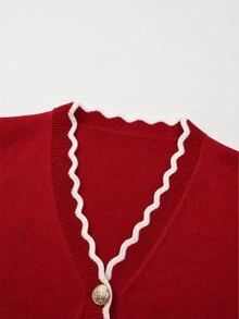 SHEIN 春夏對比色波浪邊針織開襟衫 女款 V 領短袖鈕扣甜美日常款 - 紅色 - 查看 7