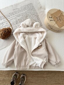 SHEIN Vintaside Kids 嬰兒男嬰女嬰中性 0-3 歲幼兒可愛休閒燈芯絨保暖內裡加厚熊頭貼布 3D 耳飾連帽拉鍊燈芯絨夾克，男嬰秋冬夾克 - 杏色 - 查看 8