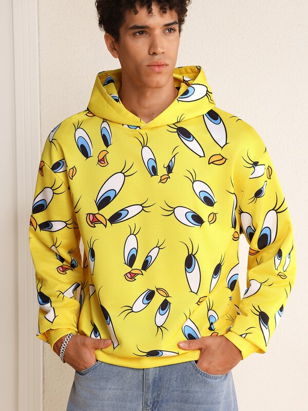 LOONEY TUNES X SHEIN Men's Cartoon Pattern Print Long Sleeve Hoodie
