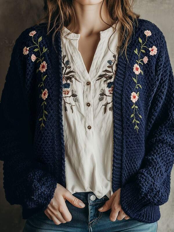 Ceyna Women's Plus Size Autumn/Winter Knit Cardigan With Dropped Shoulders And Embroidered Floral Design, Elegant Long Sleeve Open Front Sweater, Fashionable Versatile Knitwear For Casual Outings And Office Commute