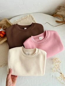 SHEIN LMoss Kids 女童 3 件組 針織純色圓領寬鬆休閒秋冬衛衣套裝 - 彩色 - 查看 3