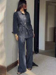 DAZY Teen Girl Button-Up Pocket Long Sleeve Jacket And Striped Long Pants Denim Set Fall - Dark Wash - View 3