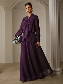 ZEYLAH Women's Solid Color Long Sleeve Top And Skirt Set - Purple - View 3