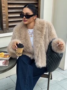 Livesso Elegant Autumn/Winter New Thickened Short Jacket Brown Faux Fur Coat - Apricot - View 9
