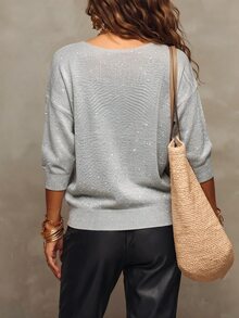 SHEIN New Spring Fall Glam Lurex Knit Slant Cut V Neck Top Women Drop Shoulder Three Quarter Cuff Sleeve Rel - Light Grey - View 2