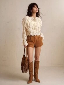CielaLinda Blus Renda Berkerut Warna Aprikot untuk Wanita, Kemeja Boho Feminin Lengan Panjang - Aprikot - View 5