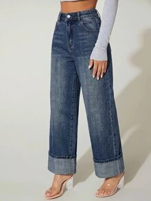 SHEIN PETITE 女款時尚街頭鈕扣口袋牛仔長褲 - 深色水洗藍 - 查看 2