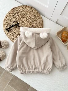SHEIN Vintaside Kids 嬰兒男嬰女嬰中性 0-3 歲幼兒可愛休閒燈芯絨保暖內裡加厚熊頭貼布 3D 耳飾連帽拉鍊燈芯絨夾克，男嬰秋冬夾克 - 杏色 - 查看 2