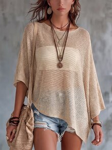 Breezaya Design Cape Shawl Sun Protection Top Women Spring Summer Loose Lazy Thin Knit Blouse - Apricot - View 4