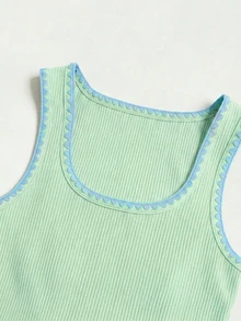 Cévolie French Fashion Vintage Retro Casual Contrast Color Square Neck Cami Top, Minimalist Versatile Slimming Sleeveless T-Shirt, Shell Embroidery Knit - Green - View 4