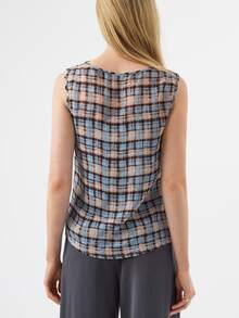 KÆRIA Hus Draped Cowl-Neck Top - Airy Georgette - Light Blue Plaid Dark Print - Regular Fit, Asymmetric Hem, Elegant French Smart Casual, Office Business Summer - Multicolor - View 2