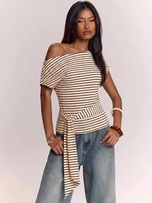 SHEIN BAE 秋冬條紋不對稱肩綁帶前襟上衣 女款 - 彩色 - 查看 4