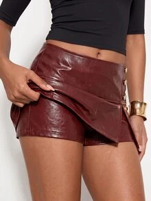 Avantive Fashion Commuter Dark Red Split PU Skort Halloween Night Clubbing Summer Sexy Burgundy - Burgundy - View 6
