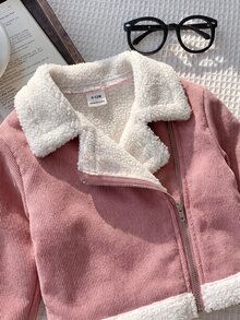 SHEIN 女嬰秋冬可愛百搭拼色保暖內裡人造毛外套 - 粉色 - 查看 3
