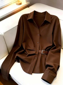SHEIN Maillard Fashion Belt Buckle Patchwork Design Vintage Open Front Waist-Cinching Slimming French Chic Versatile Women's Blouse - Brown - View 1