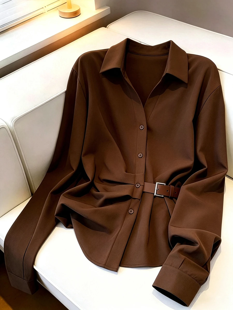 SHEIN Maillard Fashion Belt Buckle Patchwork Design Vintage Open Front Waist-Cinching Slimming French Chic Versatile Women's Blouse - Brown - View 1