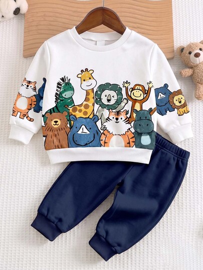 Baby Boys Crew Neck Casual Comfortable Long Sleeve Sweatshirt And Pants Set, Classic Handsome Cute Cartoon Hand-Drawn Animal Meeting Pattern Print, Monkey, Zebra, Hippo, Lion, Tiger, Giraffe, Rhino Hand-Drawn Cartoon Image Print, Suitable For Autumn/Winter