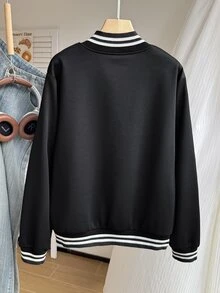 Comfortcana Áo khoác bóng chày cổ điển phối màu khối sọc kẻ size lớn - màu đen - Xem 3
