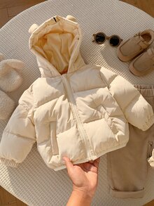 SHEIN 男嬰卡通動物圖案圓領連帽長袖鈕扣開襟夾克 - 卡其色 - 查看 5