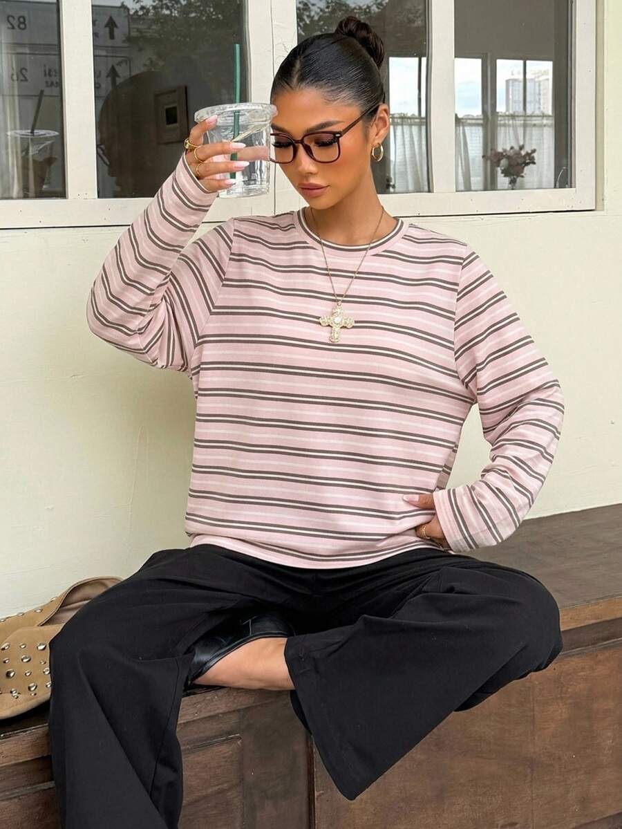 Muchica Women's Korean Street Style Striped Long Sleeve Sweatshirt, Casual - White - View 1