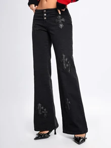 ROMWE Grunge Punk Indie Sleaze Hedi Youth Punk Cross PU Patch Embroidery Skinny Straight Leg Jeans For Women - Black - View 7