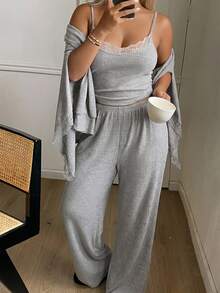 Dazy Plus Plus Size Women Lace Patchwork Camisole, Long Sleeve Cardigan And Pants Casual Daily Home Sleepwear Set Fall - Grey - View 5