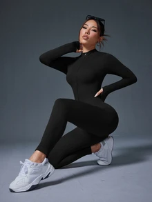SHEIN Velisys 2件組女款秋冬拉鍊運動連身褲 長袖長褲 立領羅紋滑雪服 健身瑜珈運動連身褲 - 彩色 - 查看 5