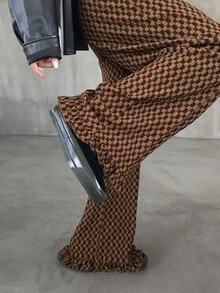 FRIFUL Women's Checkerboard Pocket Wide Leg Loose Casual Vintage Long Pants School Brown Checkered Autumn - Rust Brown - View 7