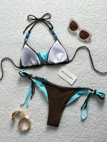 Livesso 女款夏季海灘拼色掛脖綁帶性感比基尼三角褲兩件式泳衣套裝 度假用 - 咖啡棕 - 查看 2