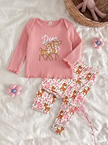 SHEIN 兒童新生兒鹿花紋居家服套裝 - 粉色 - 查看 8