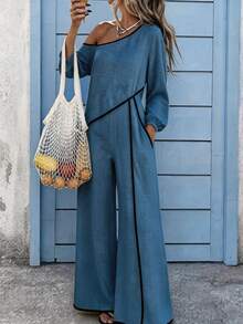 SHEIN Holidaya Jumpsuit Wanita Musim Semi/Panas/Musim Gugur Motif Aprikot, Bahu Asimetris, Garis Kontras Hitam, Lengan Panjang, Potongan Pinggang Rapi, Kaki Lebar - Biru - View 6