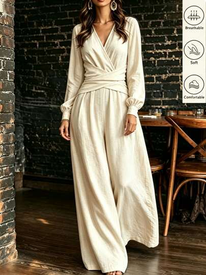 LUMIGAL Women's Solid Apricot Cross-Front V-Neck Petal Sleeve Wide Leg Jumpsuit, French Textured Fabric, Cinched Waist With Twist Detail, Vintage Vacation Style, Spring/Autumn New Casual Commute Daily Date Holiday Versatile