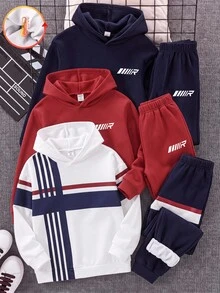 SHEIN 2件組兒童青少年男孩休閒百搭條紋圖案連帽衛衣與長褲套裝，適合通勤、上學、日常休閒穿著、外出與運動 - 白色 - 查看 2