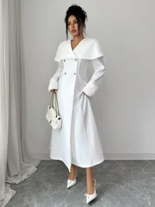 Elenzga Standard Size Women's French Lady Style White Cape Collar Long Overcoat With Faux Fur Sleeve Design, Elegant Overcoat - White - View 3