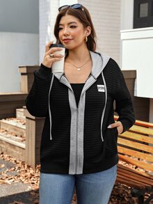 Comfylo Plus Drop Shoulder Drawstring Hoodie For Spring & Fall Travel Outfit Airport - Black - View 6