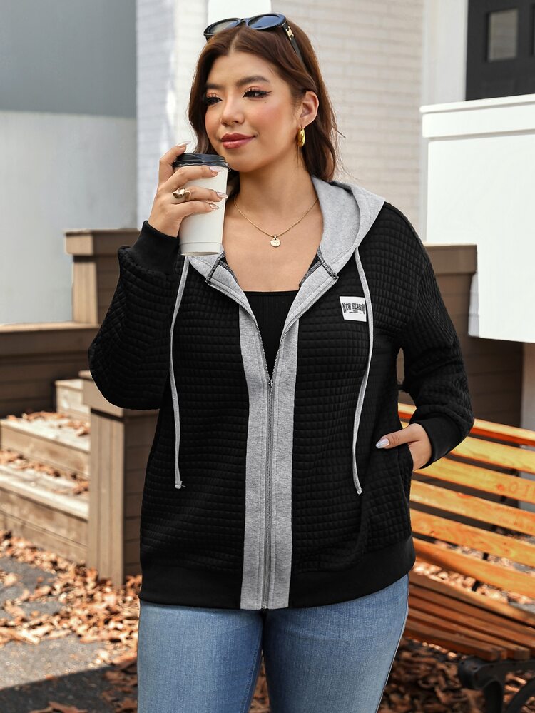 Comfylo Plus Drop Shoulder Drawstring Hoodie For Spring & Fall Travel Outfit Airport - Black - View 6