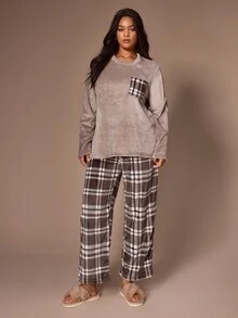 Lazeform Casual Plush Plaid Print Long Sleeve Pants Pajama Set Plus Size - Multicolor - View 3