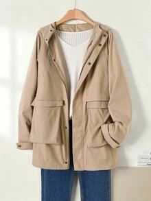 Rusticease Women's Solid Color Hooded Trench Coat Everyday Travel Khaki Green Spring Minimalist Casual - Khaki - View 1