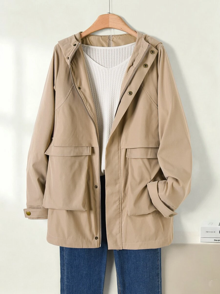Rusticease Women's Solid Color Hooded Trench Coat Everyday Travel Khaki Green Spring Minimalist Casual - Khaki - View 1