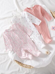 3 Pieces Newborn Footed Rompers, Cute Ribbed Plain Knit Mid-Stretch Comfortable Soft Floral Print Pattern, Best Gift For Newborns - Multicolor - View 4
