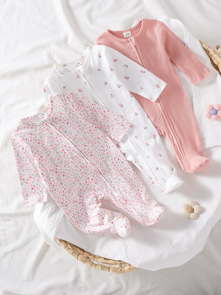 3 Pieces Newborn Footed Rompers, Cute Ribbed Plain Knit Mid-Stretch Comfortable Soft Floral Print Pattern, Best Gift For Newborns - Multicolor - View 4