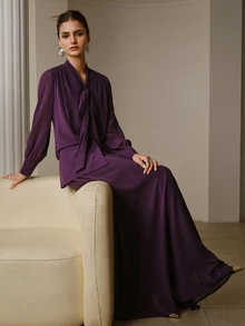 ZEYLAH Women's Solid Color Long Sleeve Top And Skirt Set - Purple - View 1