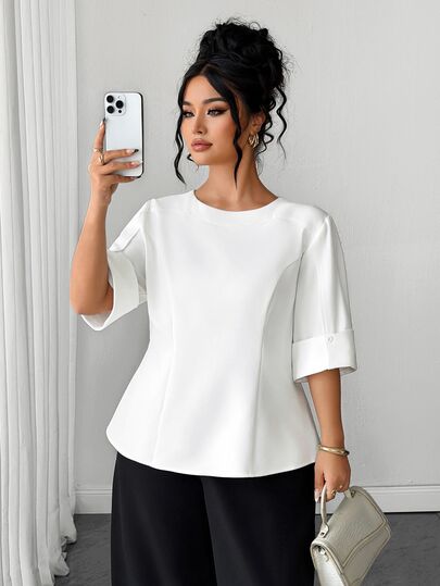 Elenzga Plus Size Women's Solid Color Casual Versatile Daily Wear Shirt