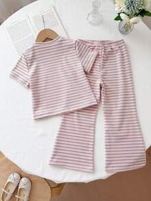 LMoss Kids 女童條紋短袖T恤與長褲休閒日常套裝 - 淺粉色 - 查看 2
