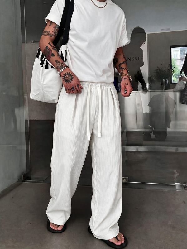 STEELVANCE Men's Solid Color Drawstring Waist Casual Versatile Daily Wear Long Pants