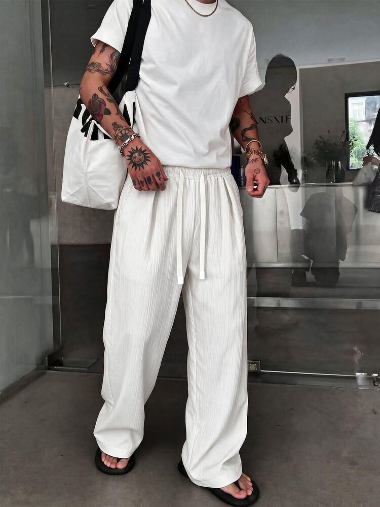 STEELVANCE Men's Solid Color Drawstring Waist Casual Versatile Daily Wear Long Pants - White - View 1