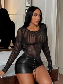 SHEIN SXY Atasan Lengan Panjang Wanita Model Kerah Bulat, Berbahan Jala, Pas Badan, Serbaguna untuk Pemakaian Sehari-hari - Hitam - View 1