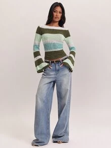 SHEIN BAE Sweater Pullover Wanita Bergaris Warna Kontras - MultiWarna - View 1